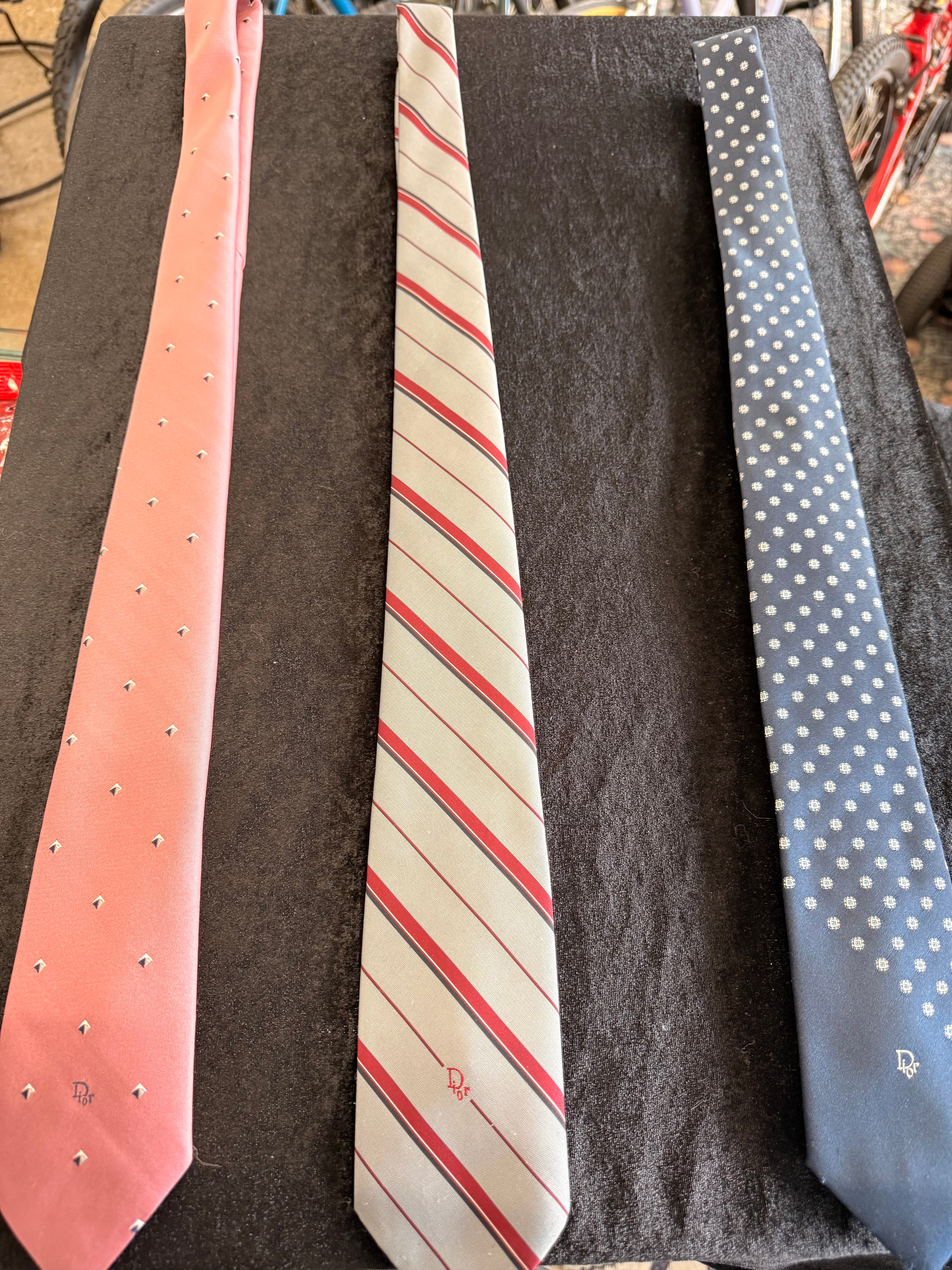 Dior Three-Piece Tie Set - Pink, Light Gray with Red Stripe, Navy Polka Dot