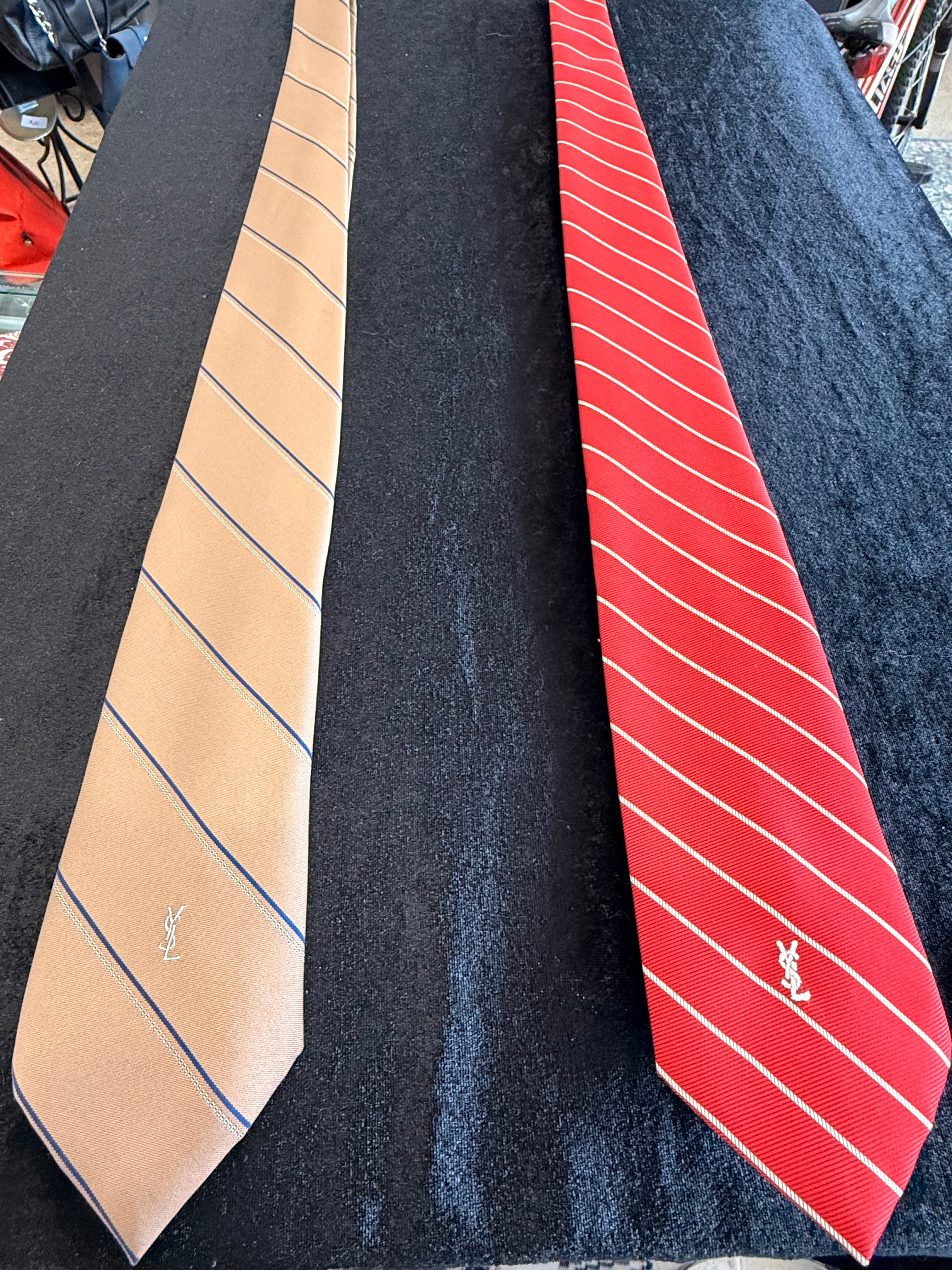 Yves Saint Laurent Striped Silk Ties in Red and Tan.