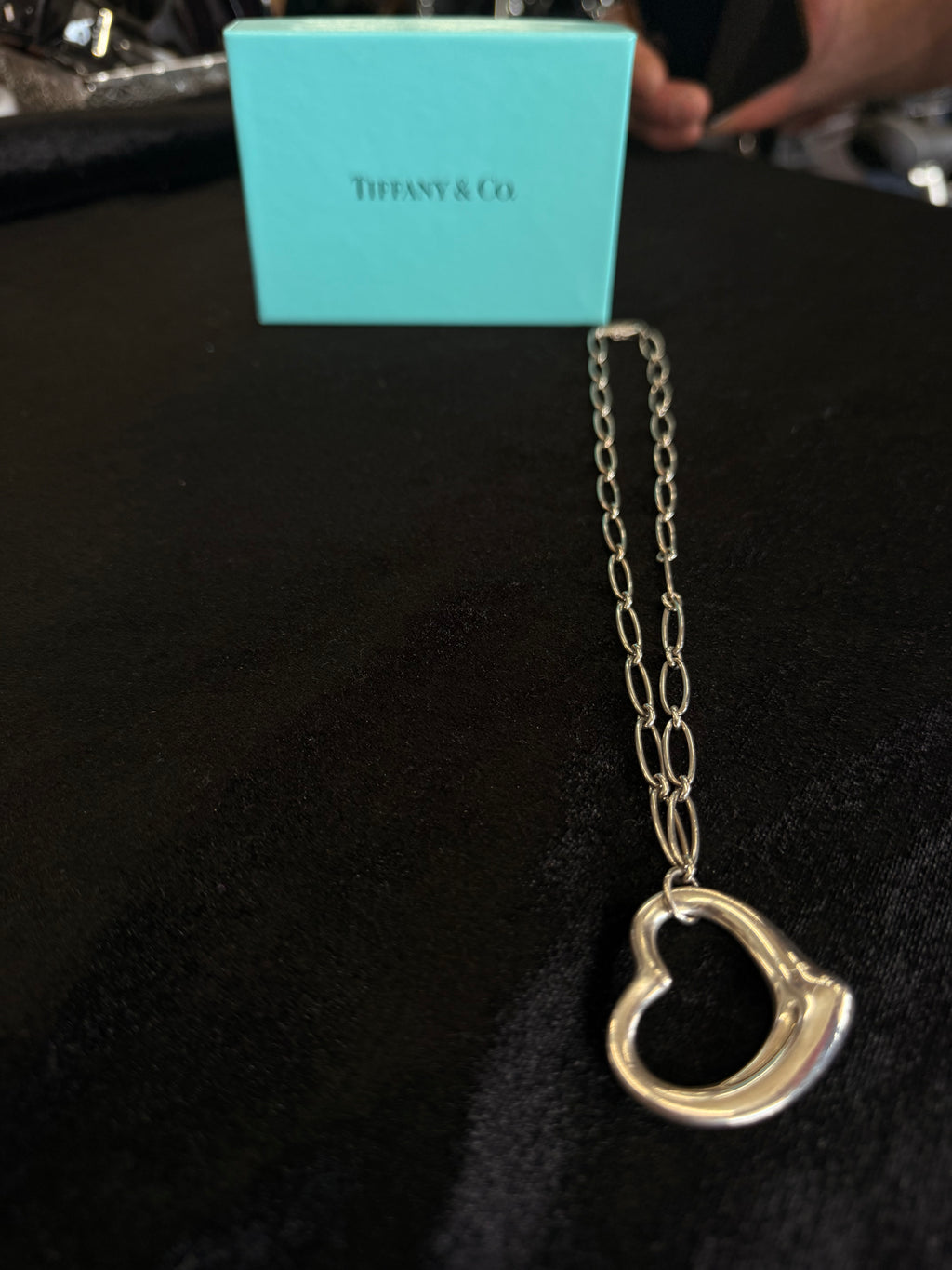 Tiffany & Co. Silver Open Heart Link Necklace with Signature Pouch.