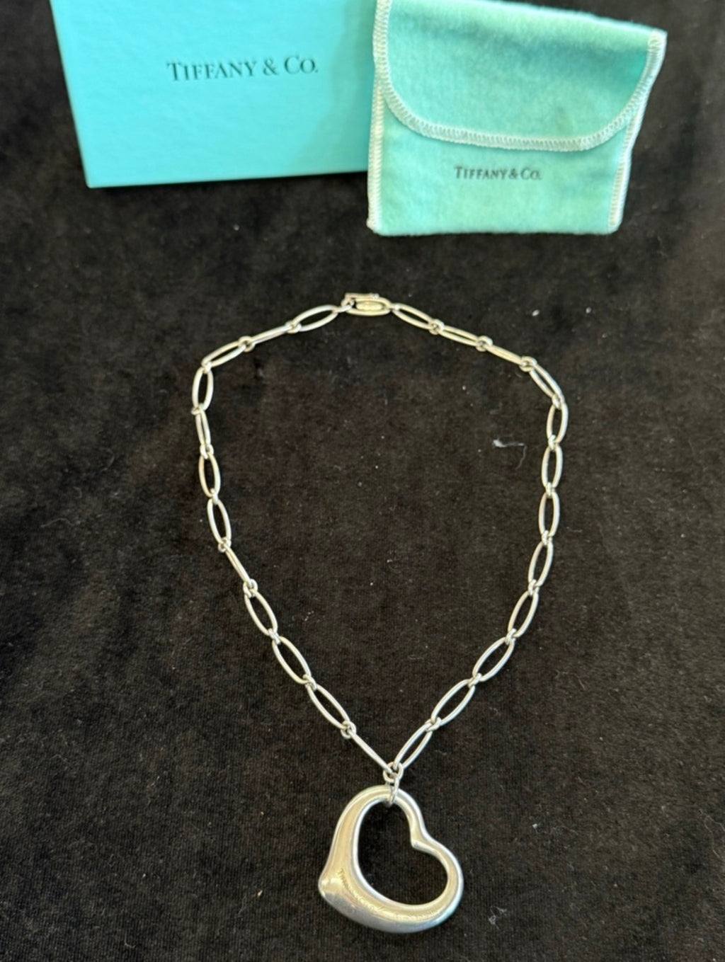 Tiffany & Co. Silver Open Heart Link Necklace with Signature Pouch.