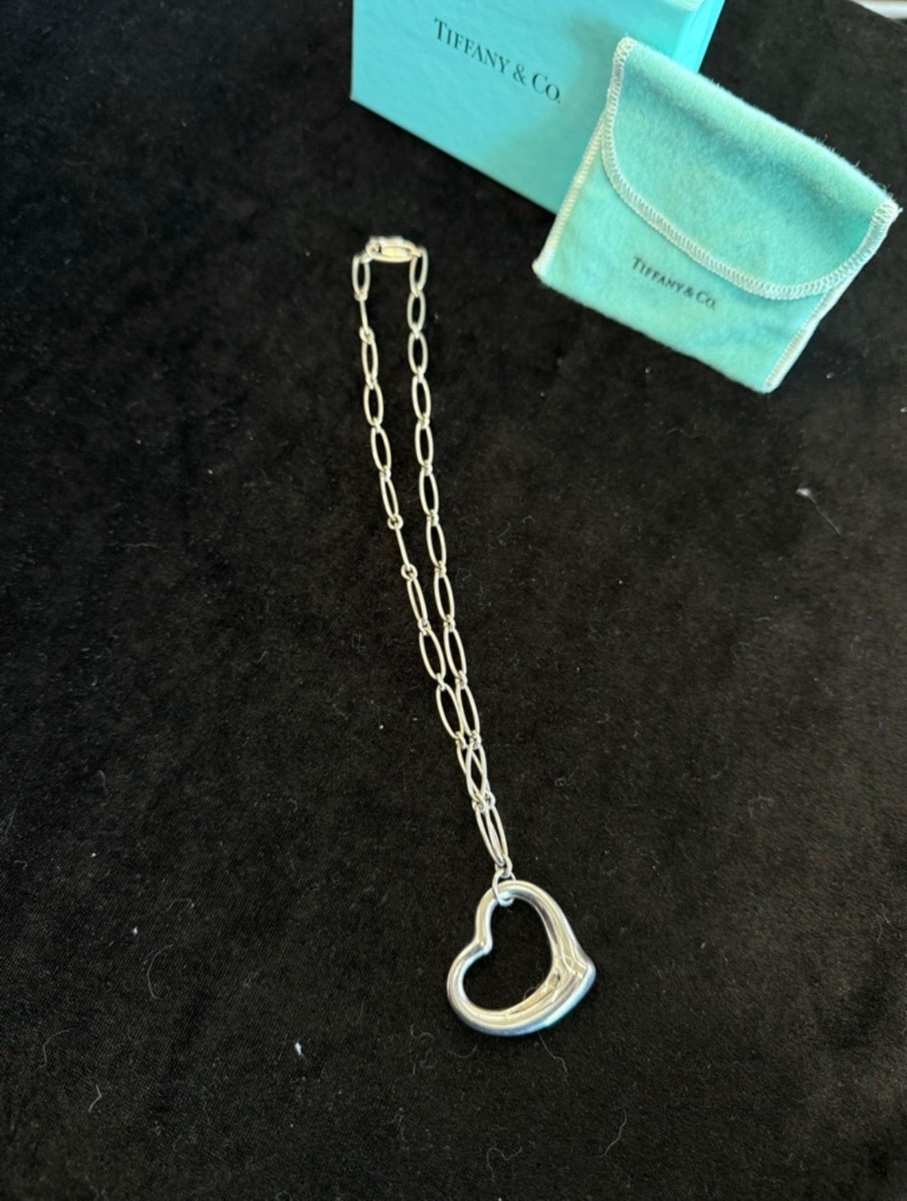 Tiffany & Co. Silver Open Heart Link Necklace with Signature Pouch.
