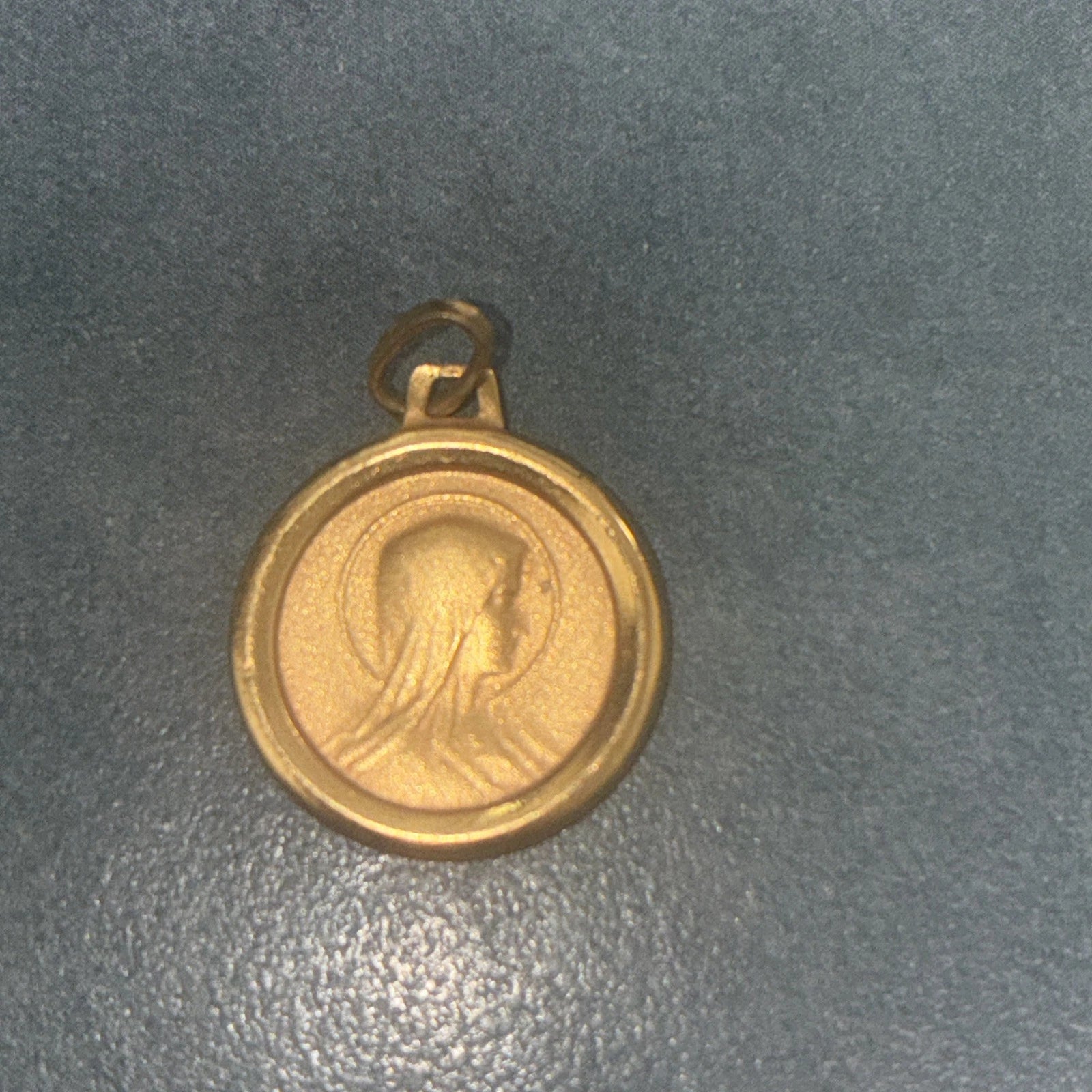 18K YELLOW GOLD SENORA LADY OF LOURDES SMALL 9mm ROUND MEDAL VIRGIN MARY MADONNA