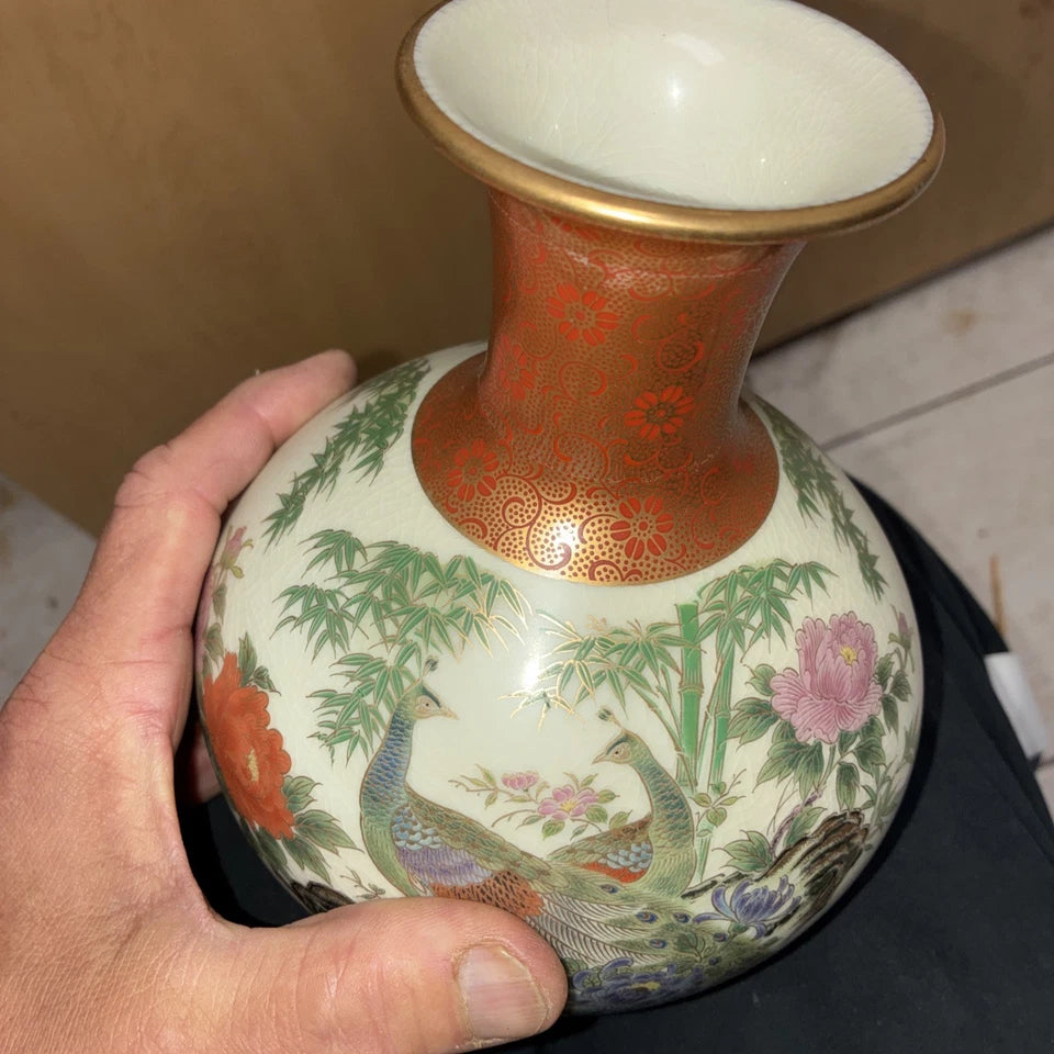 Vintage Shibata Porcelain Flower Vase Peacock Japanese Japan 10” Toyo