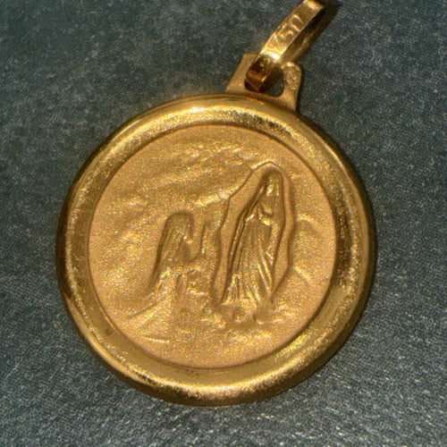 18K YELLOW GOLD SENORA LADY OF LOURDES SMALL 9mm ROUND MEDAL VIRGIN MARY MADONNA